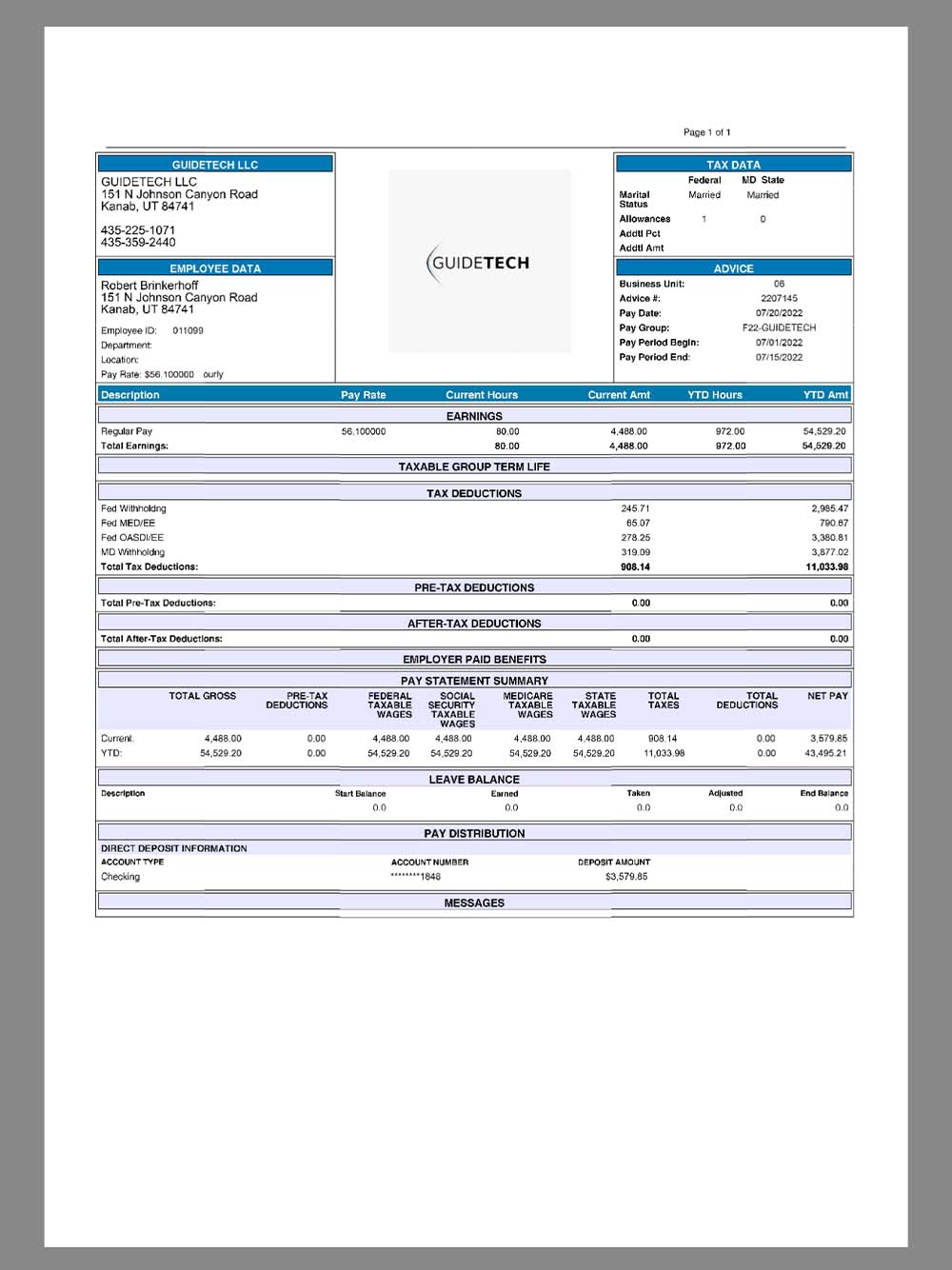 GuideTech Paystub template电子科技公司收入证明/工资账单PDF模板