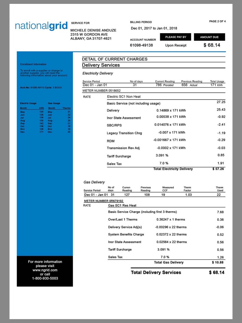 USA&UK NationalGrid Utility Bills美国/英国水电费账单PS/PSD模板