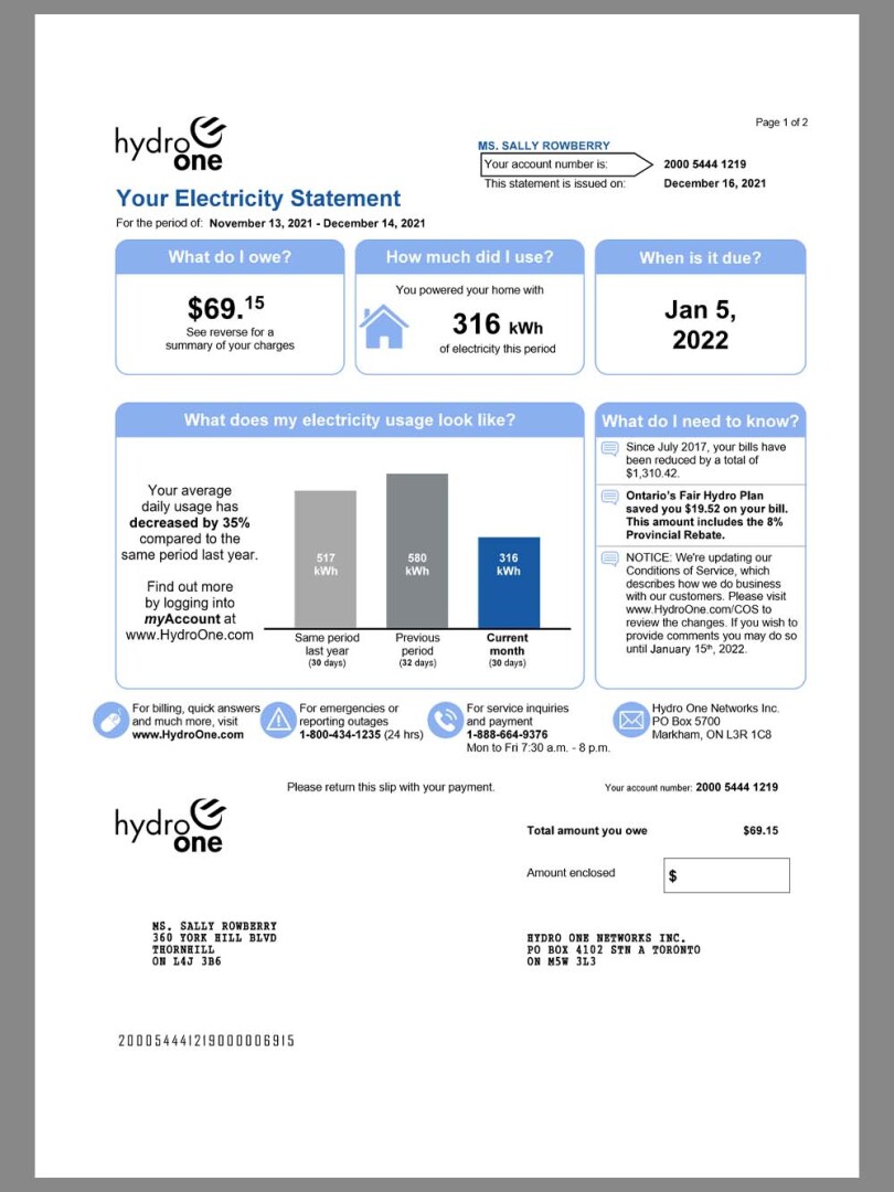 北美|Canada Ontario Hydro One Utility Bills加拿大安大略水电费账单pdf模板