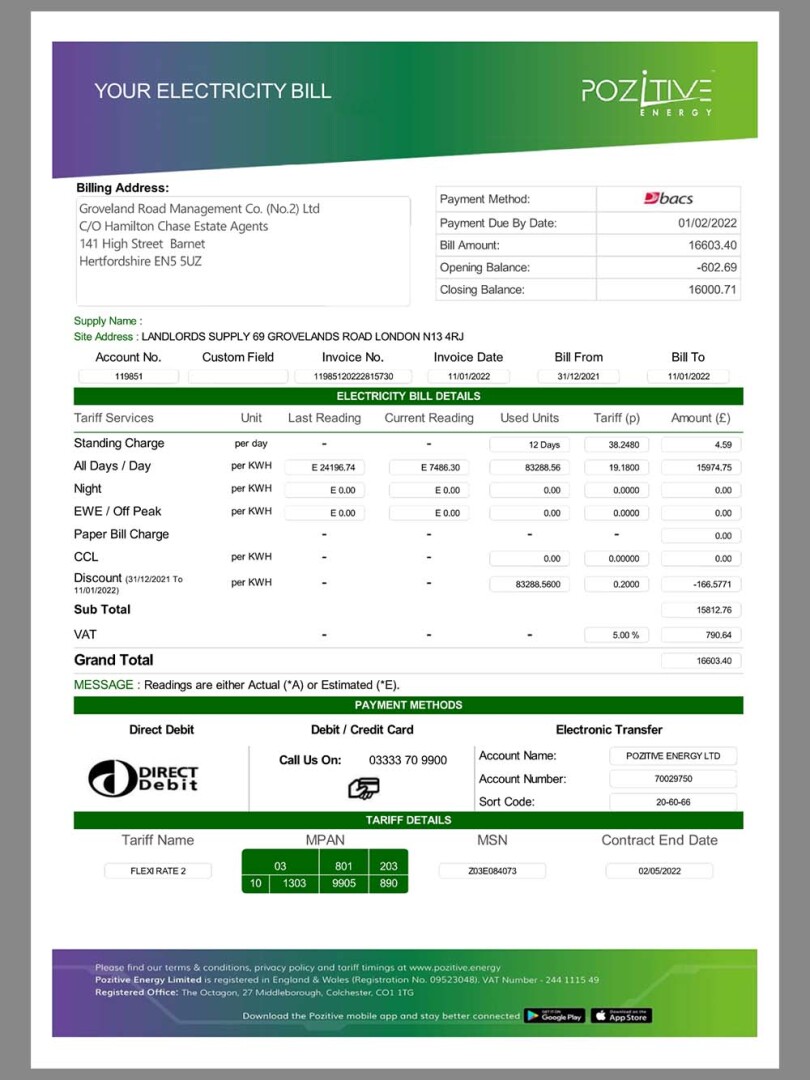 欧洲|UK England Pozitive Energy Utility Bills英国水电费账单pdf模板