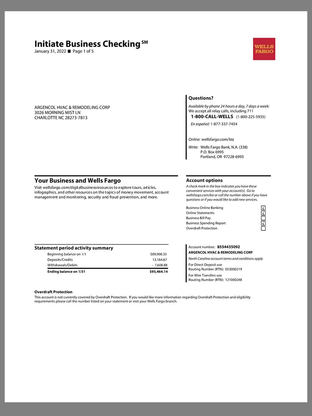 USA Wells Fargo Enterprise Account Bank Statement美国富国银行公司账单pdf模板(V1)