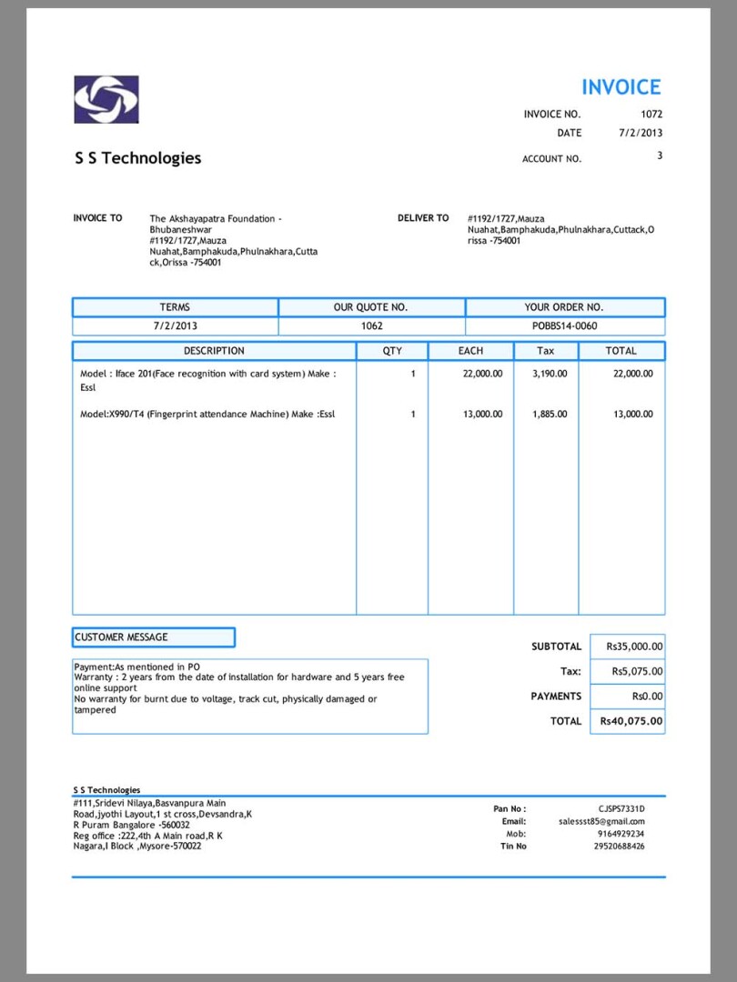 南亚|India SS Technologies Invoice印度软件购物账单word/pdf模板