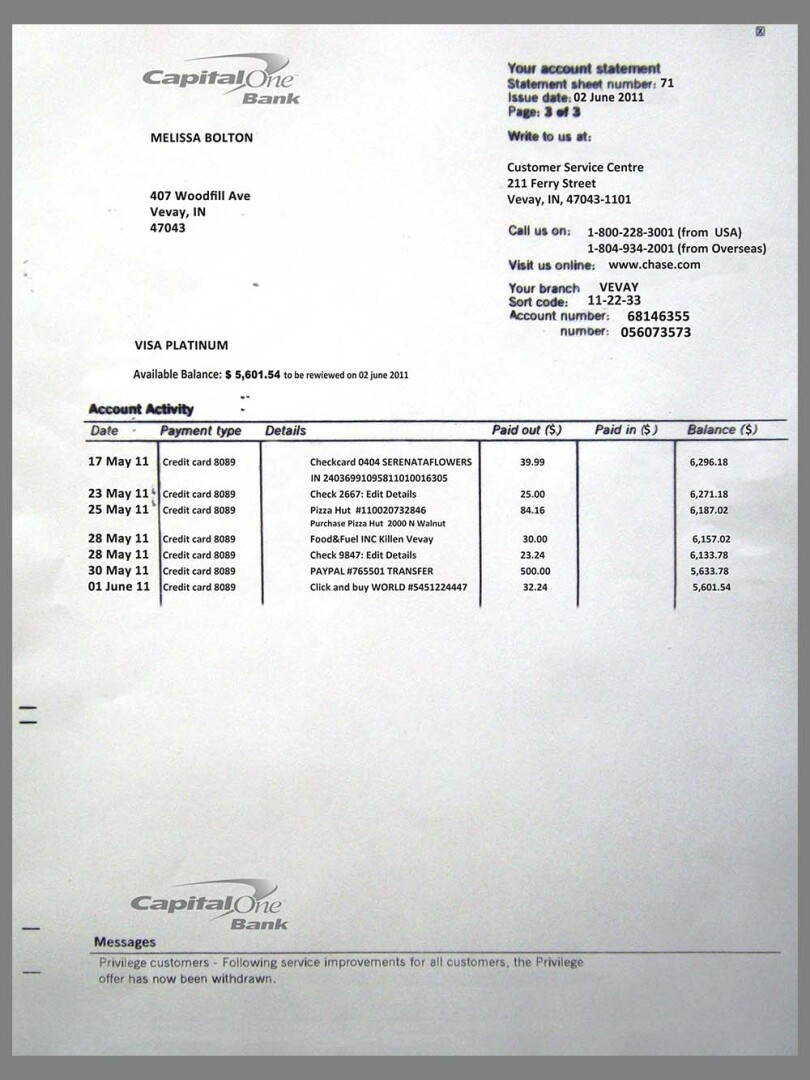 美国Capital One Bank Statement银行账单/KYC地址证明psd模板