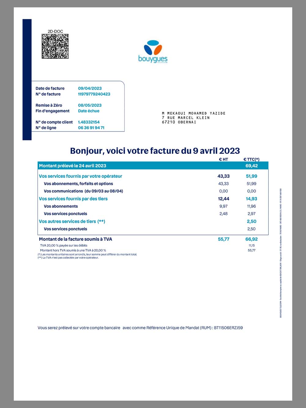 欧洲| France Bouygues Utility Bills法国话费账单/KYC地址证明pdf模板