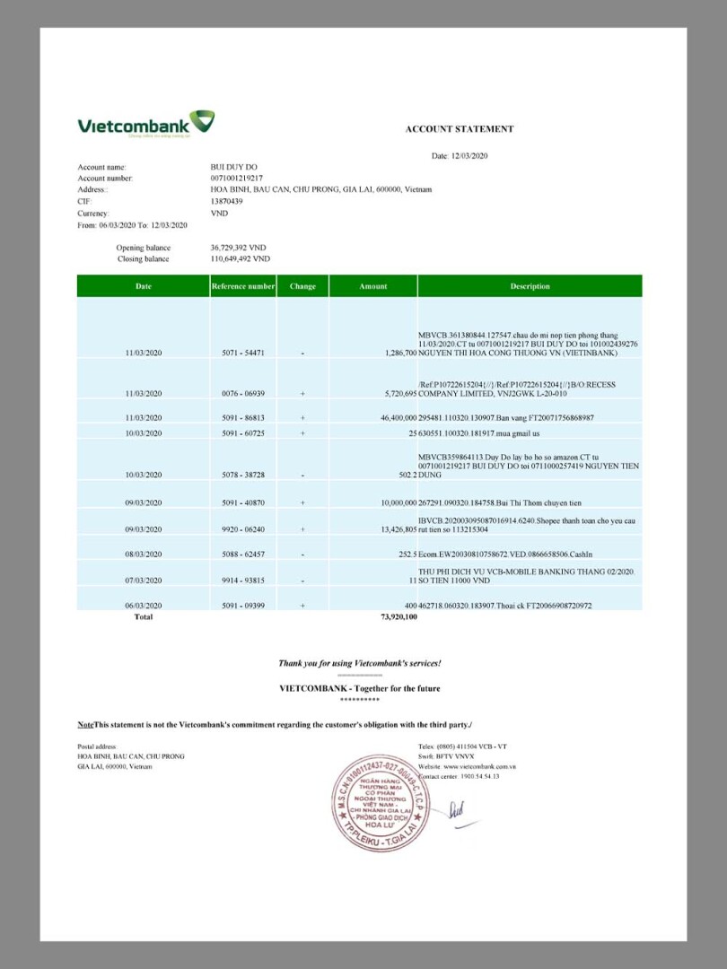 东南亚|Vietnam Vietcombank Statement越南银行信用卡账单/KYC地址证明pdf模板