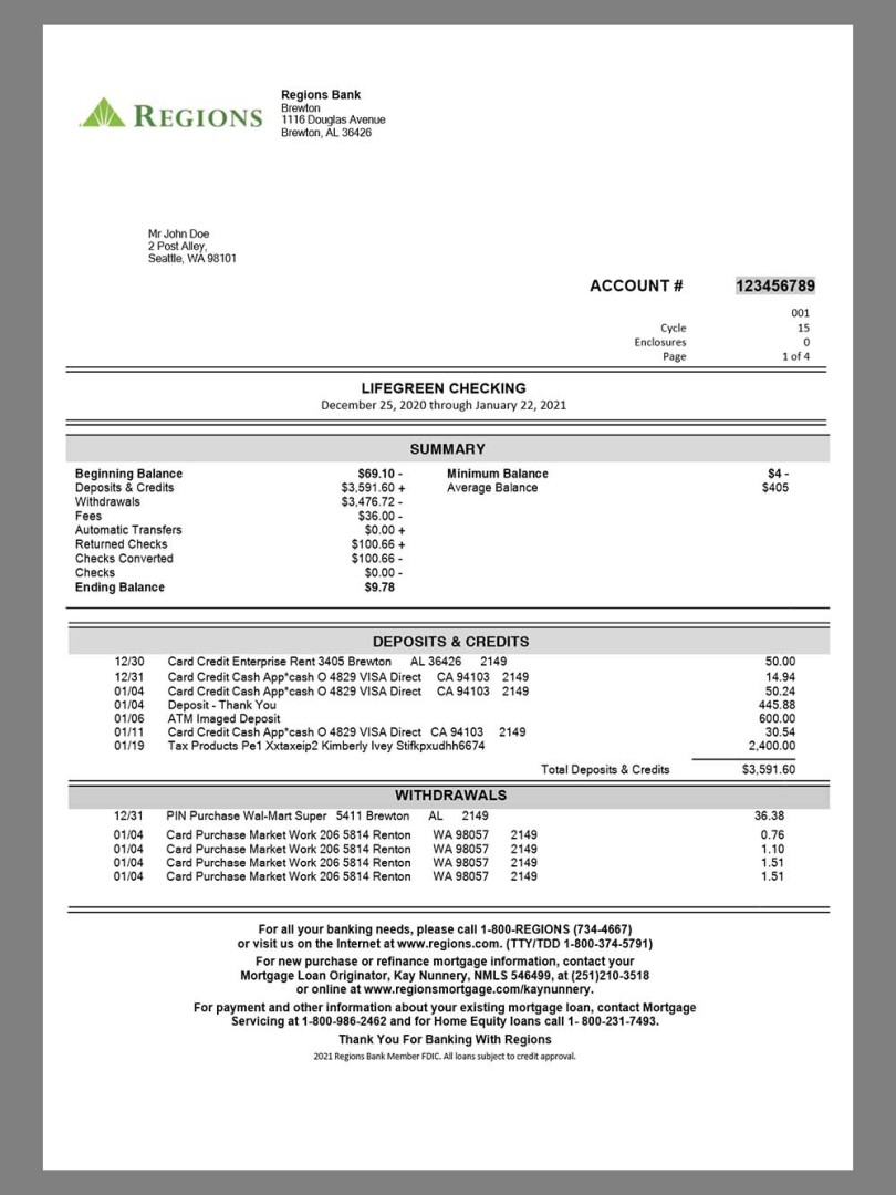 美国Regions Bank Statement银行账单/KYC地址证明word模板