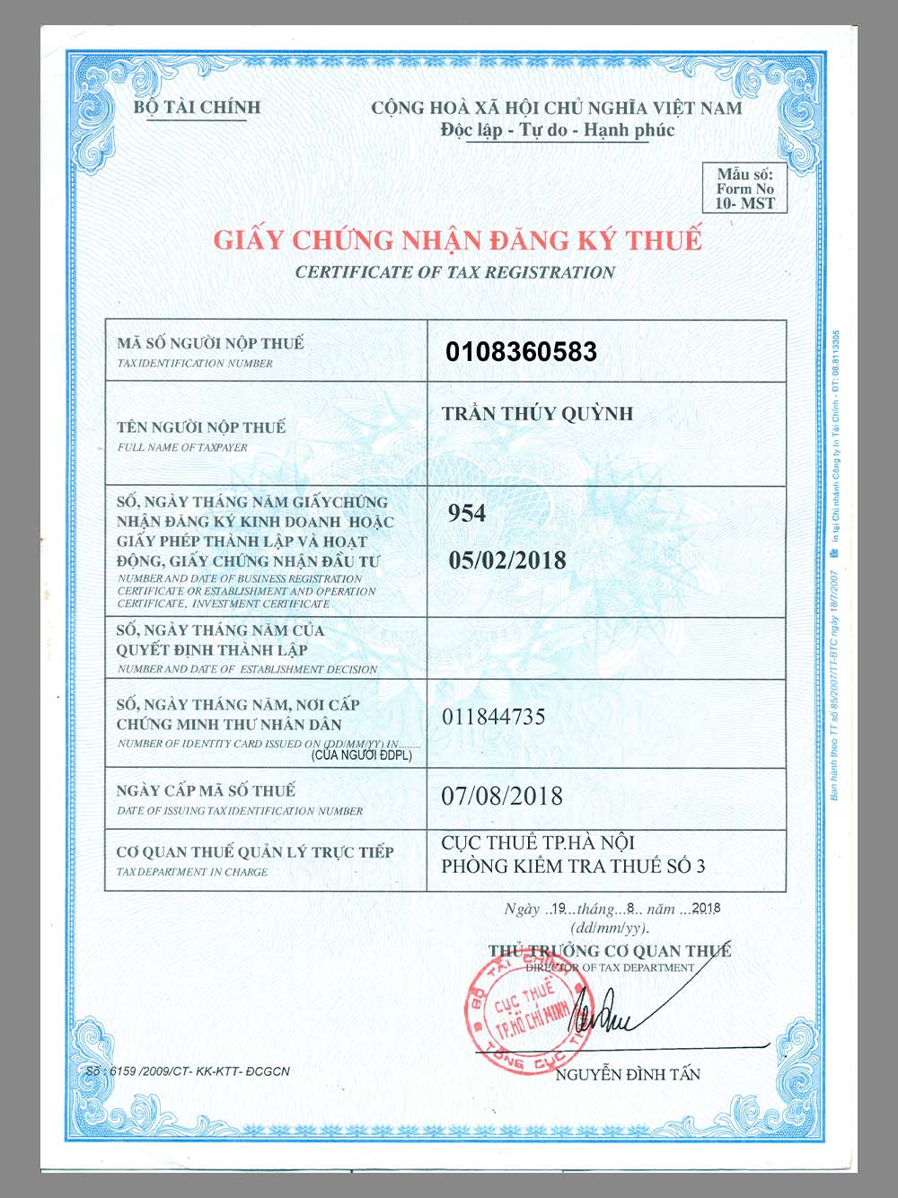 Vietnam Certificate of Tax Registation 越南公司税务登记证PS/PSD模板