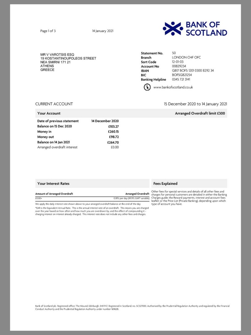 英国 Bank Of Scotland Statement银行账单/KYC地址证明word/pdf模板