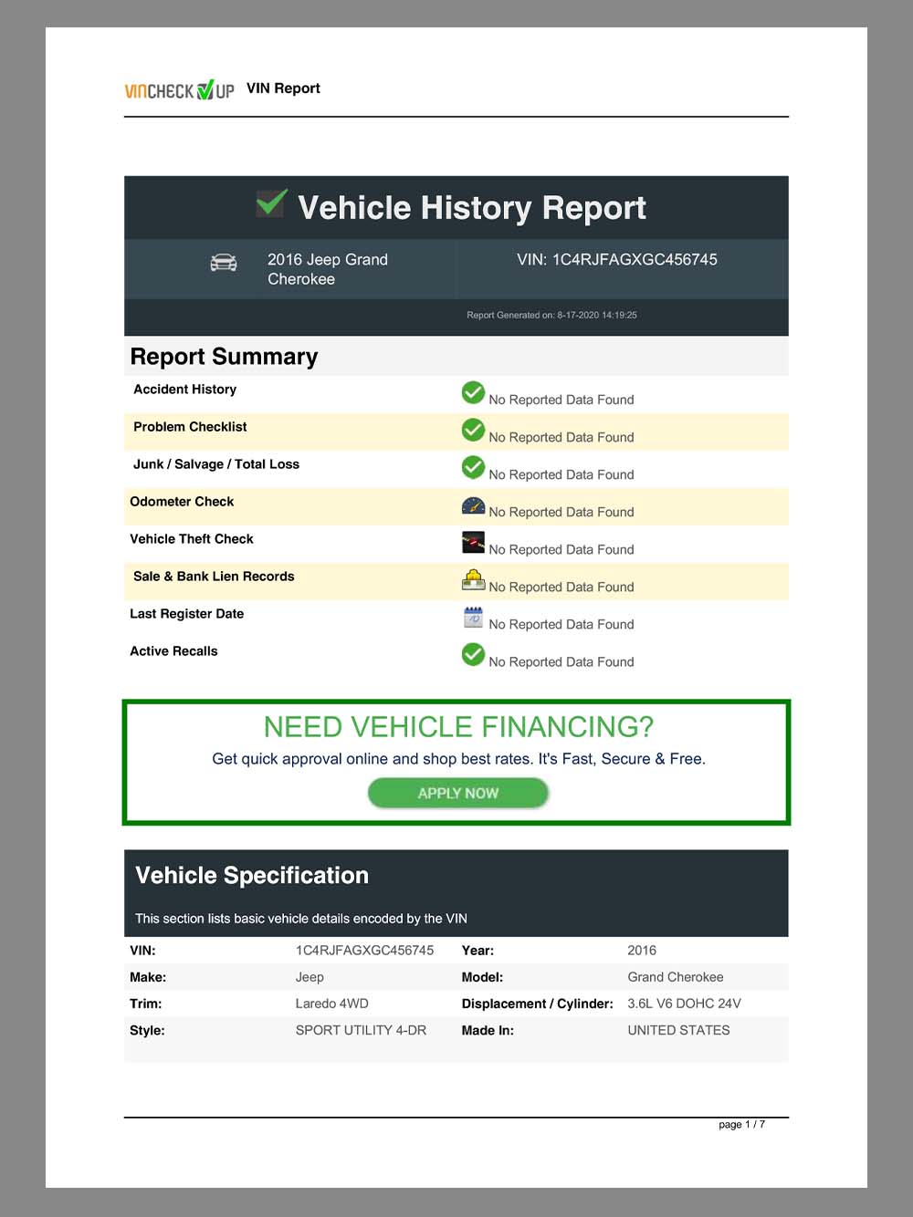 USA Vehicle History Report(VIN Report)美国车辆历史报告pdf模板（V1）