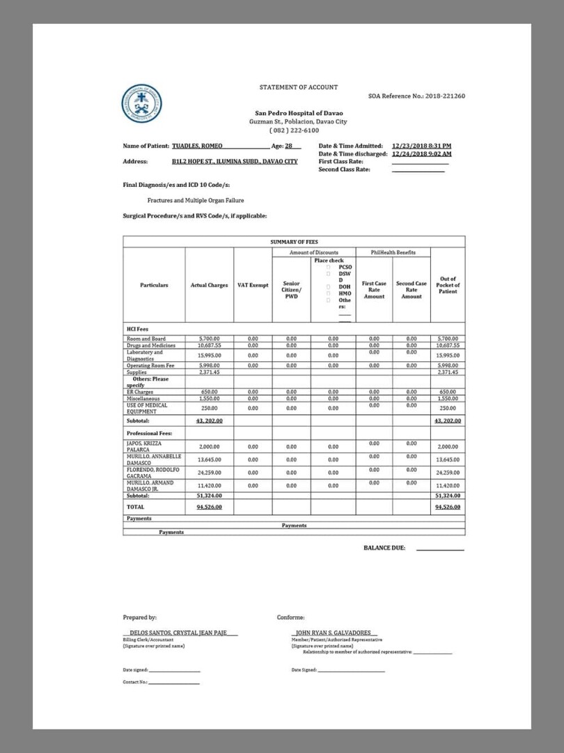 东南亚|菲律宾Philippines Davao San Pedro Hospital Bill医院账单/KYC地址证明pdf模板