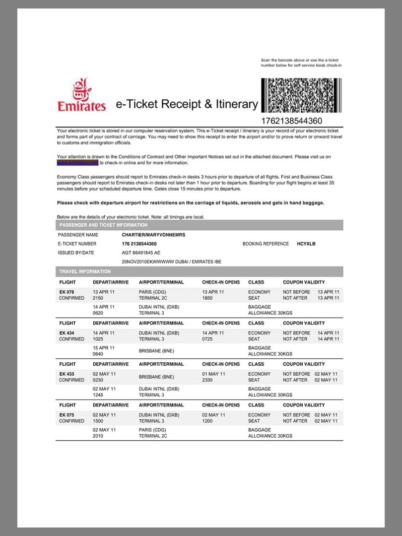 中东|UAE阿联酋航空Emirates E-Ticket账单KYC地址证明pdf模板