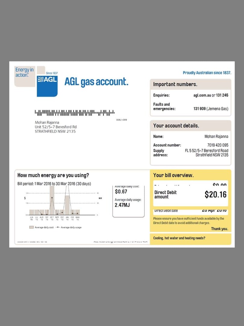 澳洲|Australia澳大利亚AGL Gas Utility Bills水电费账单/KYC地址证明pdf模板