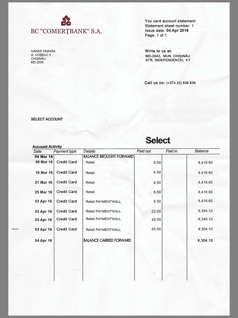 东欧|Comertbank MDA Statement银行账单/KYC地址证明psd模板