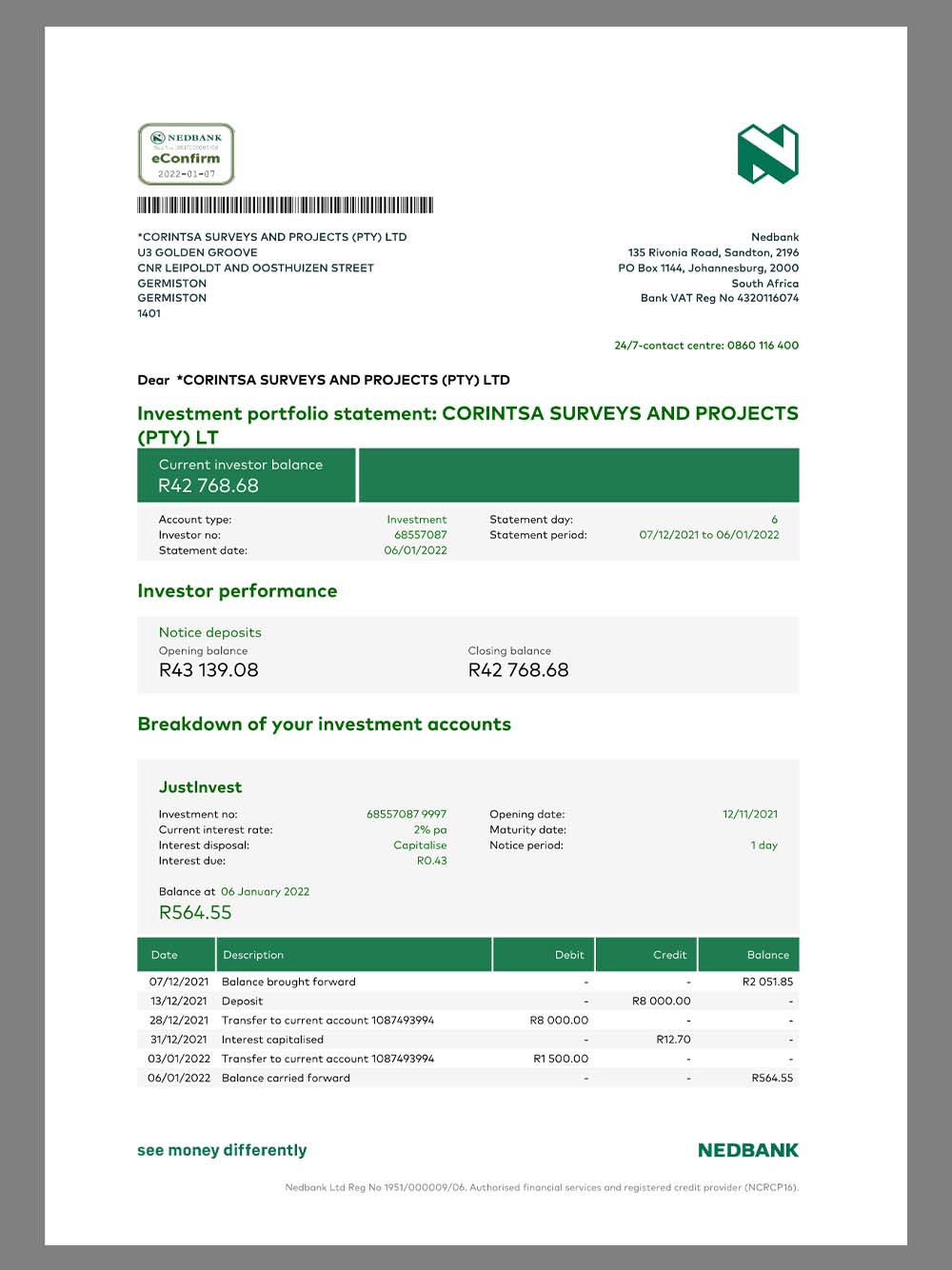 South Africa NEDBank Business Statement南非公司银行账单pdf模板