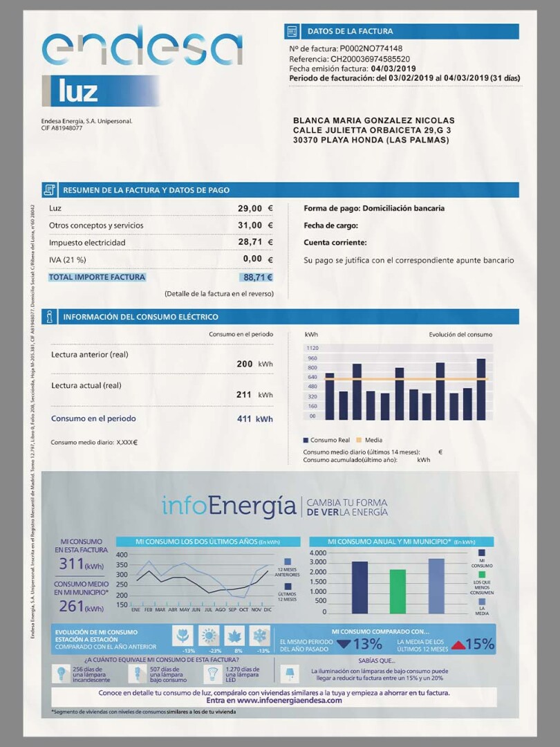 欧盟|Spanish Endesa Utility Bills西班牙水电费账单/KYC地址证明PS/PSD模板