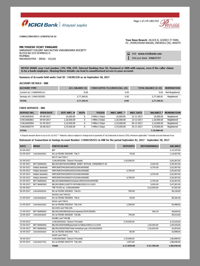 南亚|印度India ICICI Bank Statement银行账单/KYC地址证明word/pdf模板