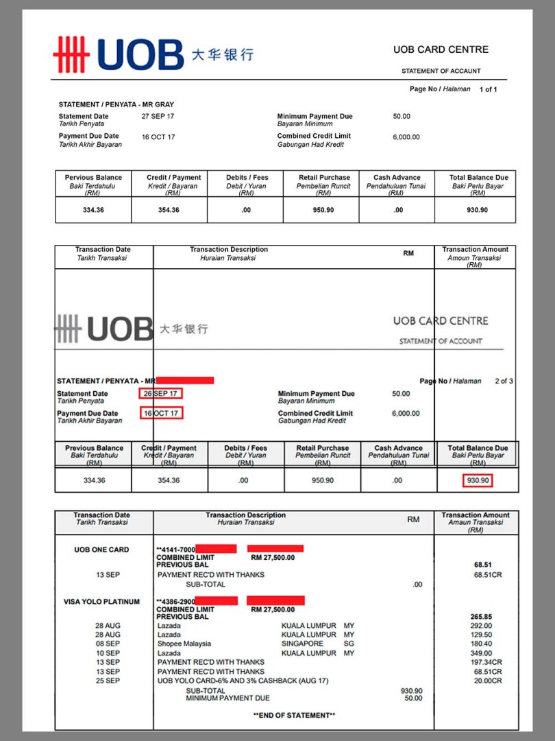 东南亚|新加坡大华银行Uob Bank Statement银行账单/KYC地址证明psd模板