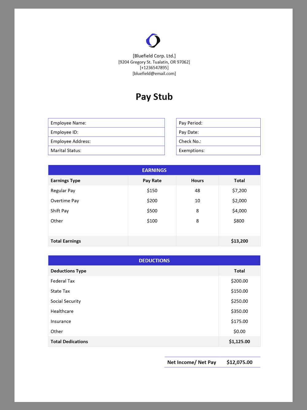 Bluefield Corp Paystub template电子公司收入证明/工资账单Word模板