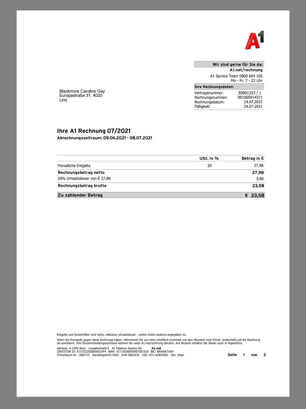 Austria A1 Telekom Phone Utility Bill奥地利话费账单pdf模板