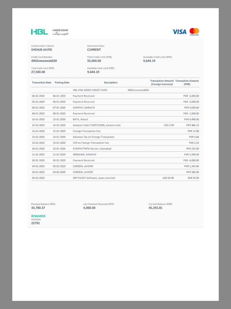 Pakistan HBL Bank Statement巴基斯坦银行账单/KYC地址证明word/pdf模板