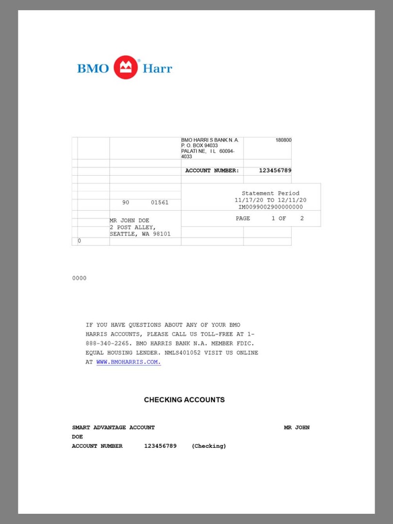 美国BMO Harris Bank Statement银行账单/KYC地址证明word模板