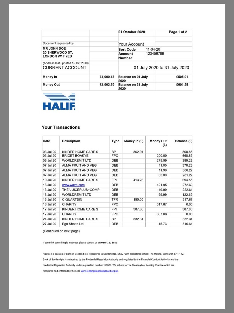 英国Halifax Bank Statement银行账单/KYC地址证明word模板