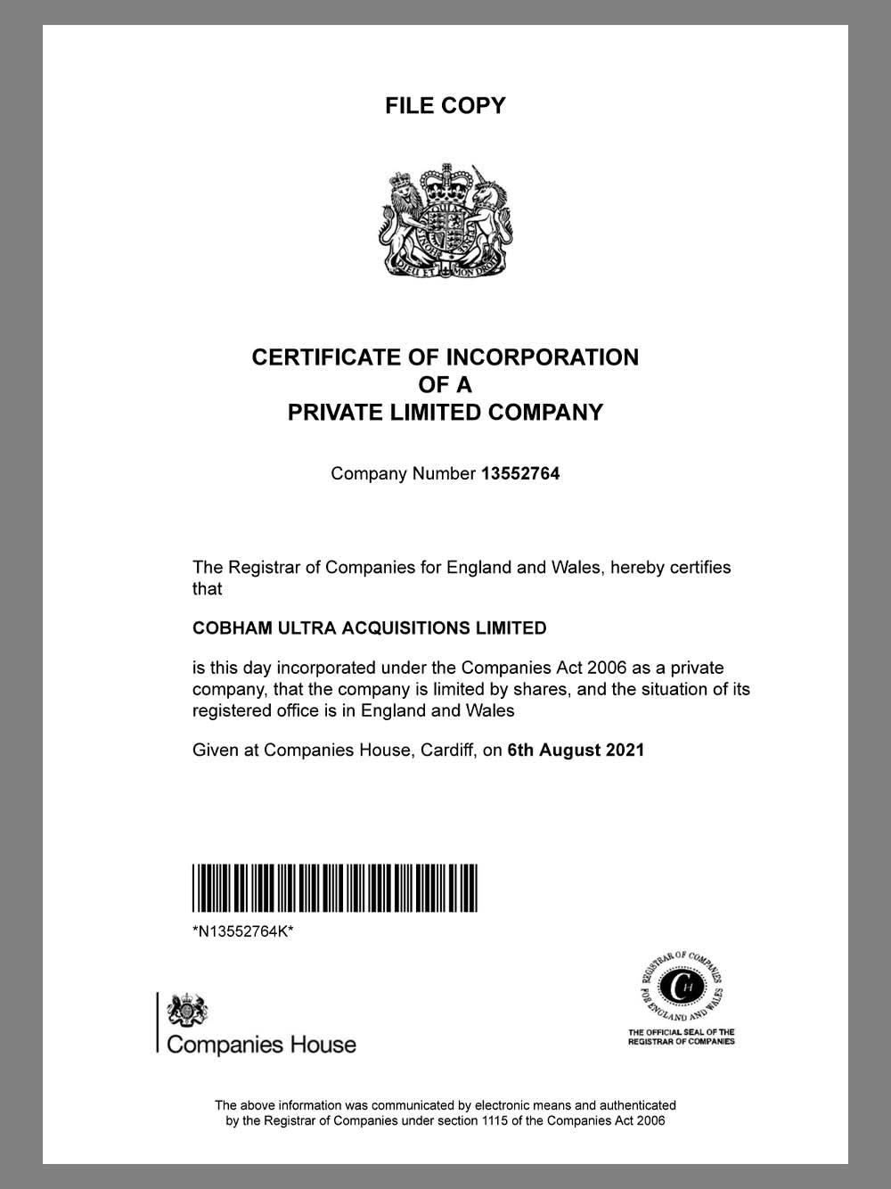 UK/England Company Certificate英国营业执照pdf模板（V1）