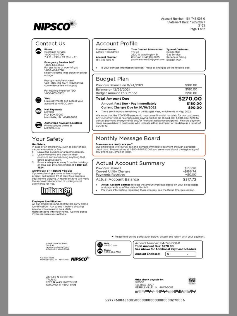 USA Indiana NIPSCO Utility Bills美国印第安纳州水电费账单word/pdf模板