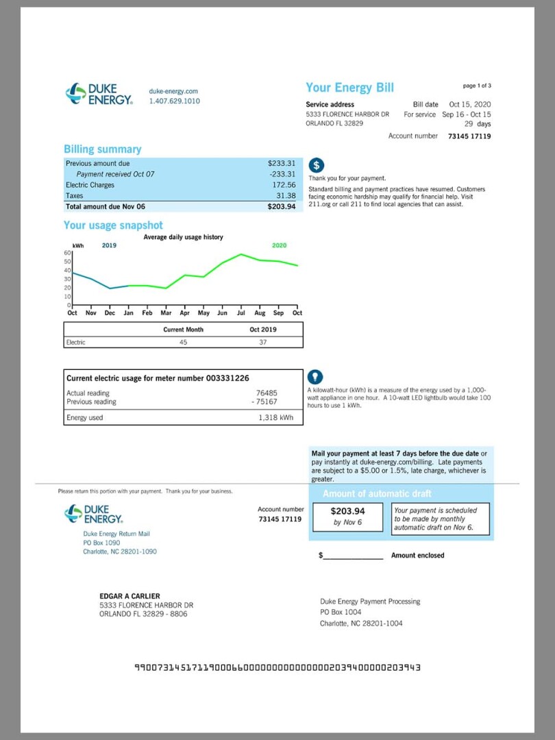 北美|USA Duke Energy Utility Bills美国水电费账单/KYC地址证明pdf模板