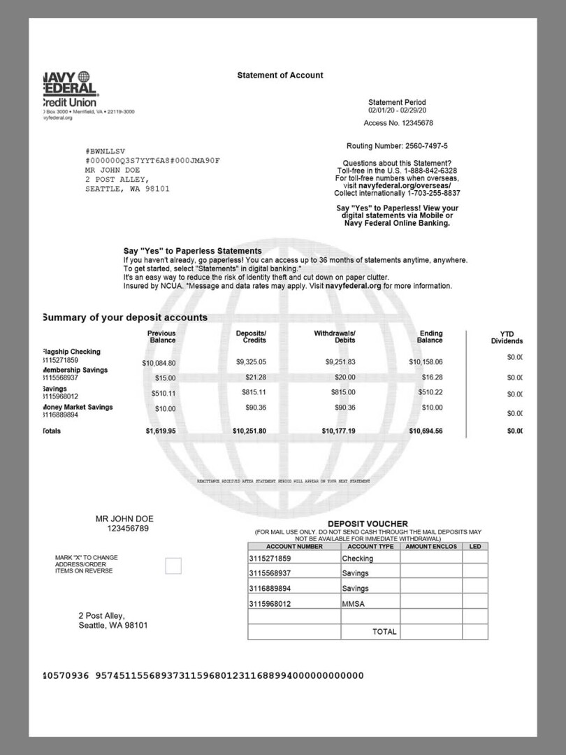 美国Navy Federal Bank Statement银行账单/KYC地址证明word模板 V2