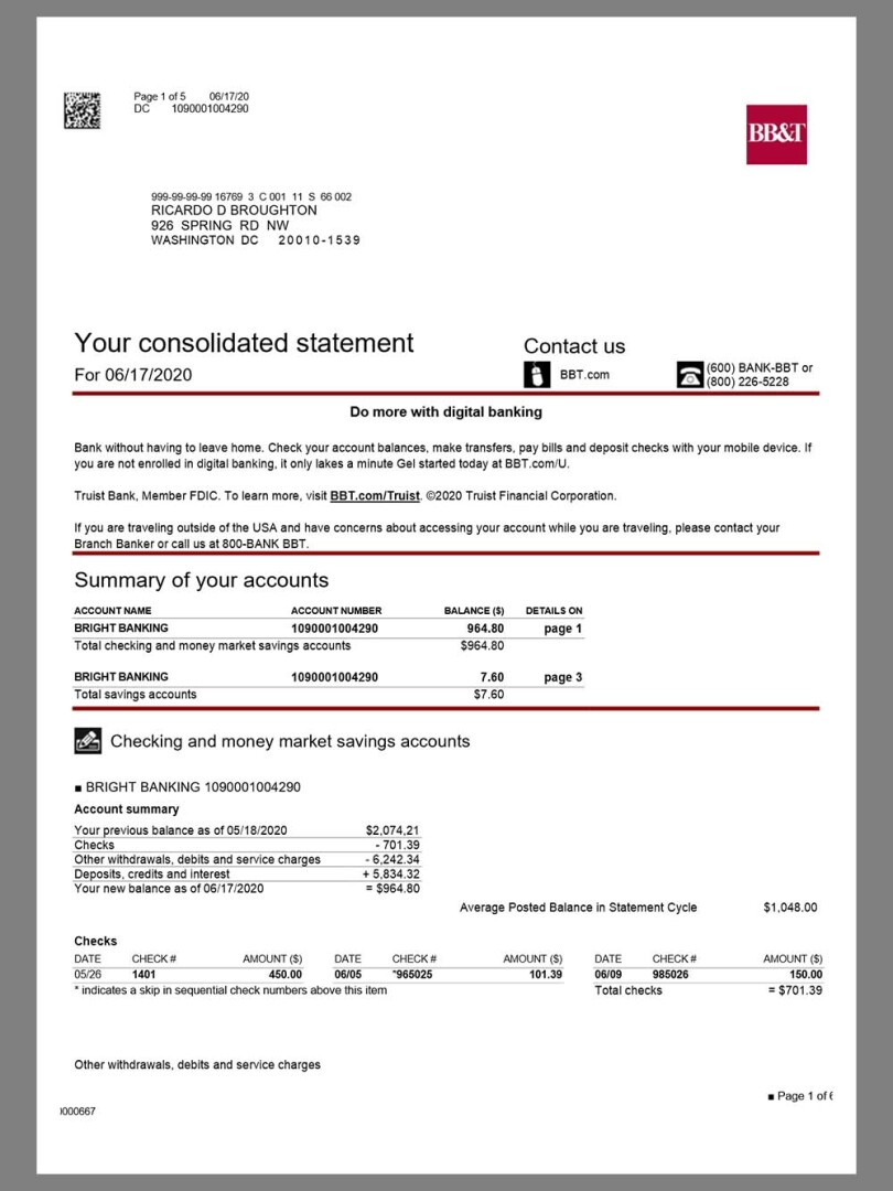 USA美国|加拿大 BB&T Bank Statement银行账单/KYC地址证明word模板