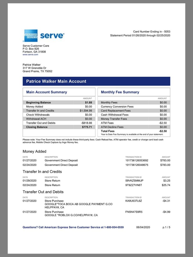 American Express Account Summary Statement银行账单/KYC地址证明pdf模板