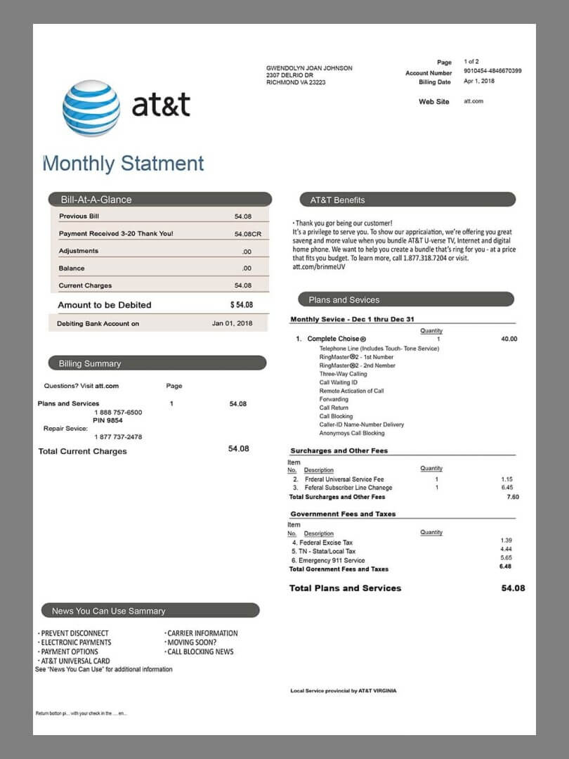 美国USA AT&T Utility Bills电信水电费账单/KYC地址证明psd模板