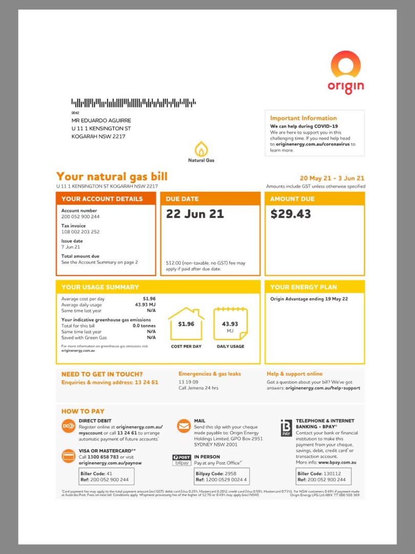 澳洲|Australia Origin Natural Gas Utility Bills澳大利亚水电费账单pdf模板