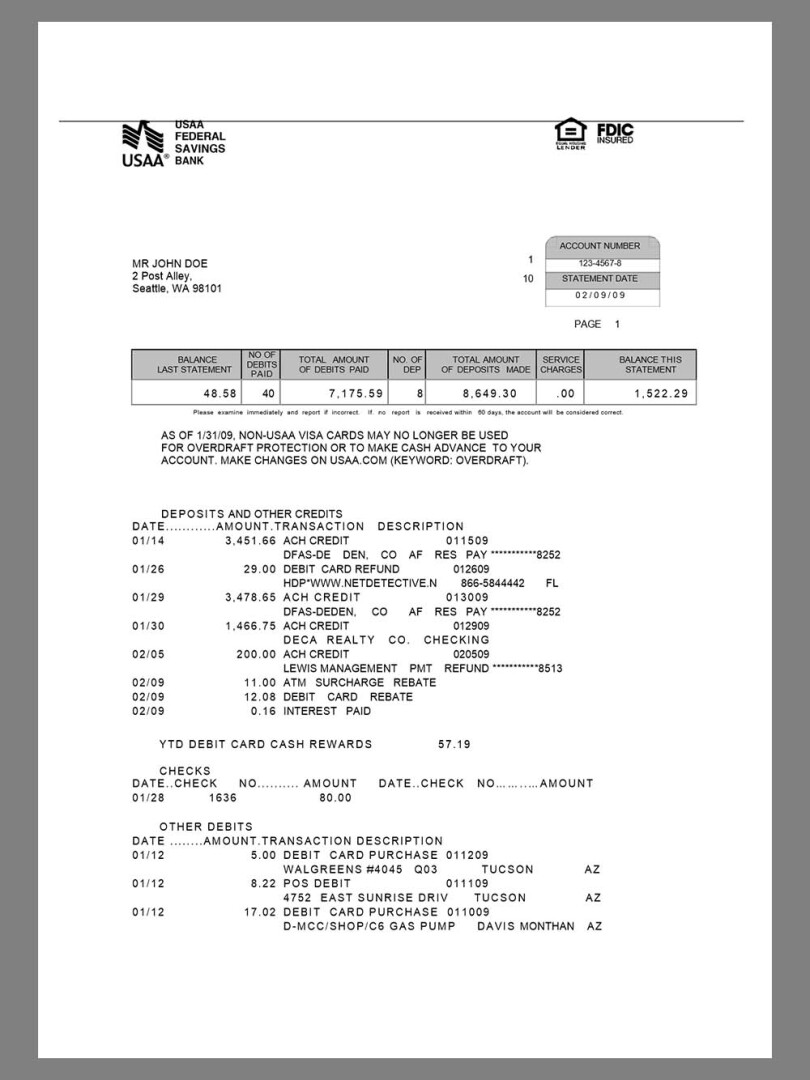 北美|美国USAA Bank Statement银行账单/KYC地址证明word模板 V2