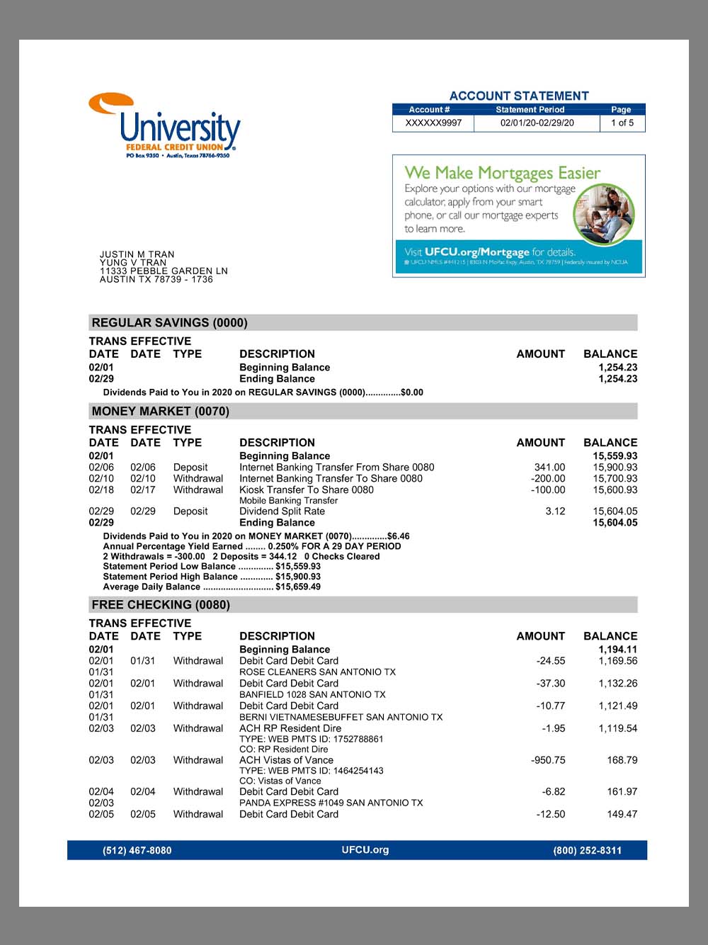 USA Texas UFCU Bank Statement美国得克萨斯州银行账单pdf模板