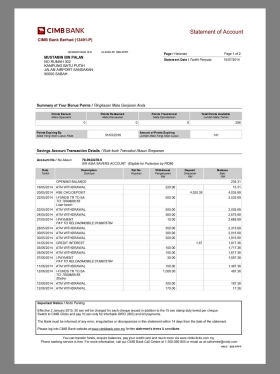 东南亚|Malaysia CIMB Bank Statement马来西亚银行账单pdf模板