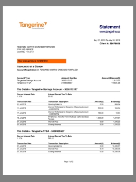 Canada Tangerine Bank Statement加拿大橘子银行账单pdf/word模板