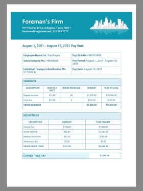 Foreman’s Firm Paystub template北美建筑公司收入证明/工资账单Word模板