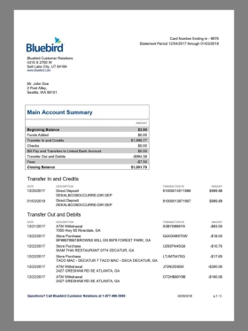 美国BlueBird Bank Statement银行账单/KYC地址证明word模板