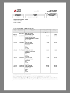 Malaysia AGRO Bank Statement马来西亚农业银行账单pdf模板