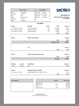 Luxottica Paystub template眼镜公司收入证明/工资账单PDF模板