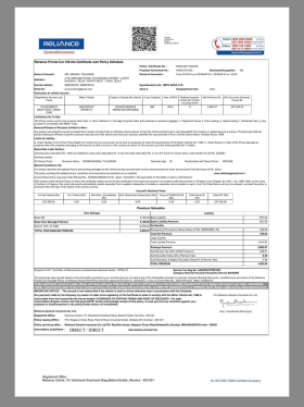 India Reliance Private Car Insurance Policy Schedule印度信实私家车保单pdf模板