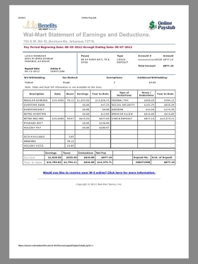 Walmart Paystub template沃尔玛工作收入证明/工资账单PDF模板