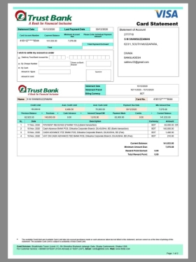 南亚|孟加拉 Bangladesh Trust Bank Statement银行账单/KYC地址证明word/pdf模板