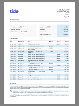 UK Tide Bank Business Statement英国公司银行账单/地址证明pdf模板