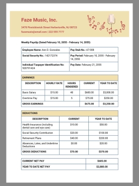 FaZe Music Paystub template娱乐公司收入证明/工资账单Word模板