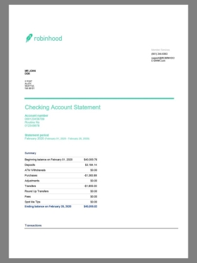 美国Robinhood Bank Statement银行账单/KYC地址证明word模板