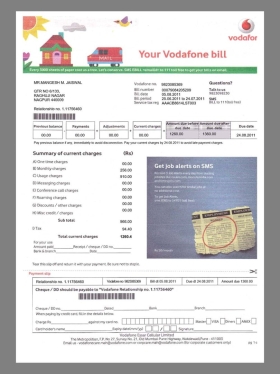 印度India Mumbai Vodafone Utility Bills移动水电费账单/KYC地址证明word模板