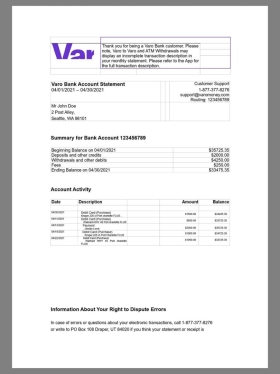 网络银行Varo Bank Statement银行账单/KYC地址证明word模板